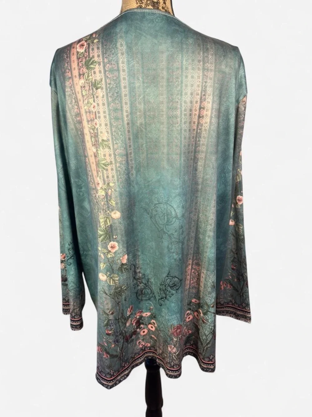 Boho Floral Open Front Kimono Cardigan XXL Teal Lightweight Duster Casual